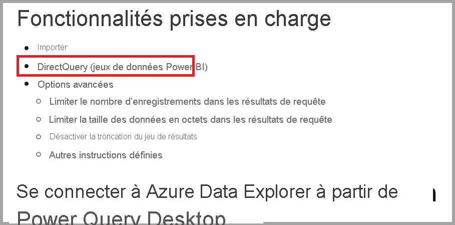 Capture d’écran montrant DirectQuery en tant que fonctionnalité d’un connecteur de données.