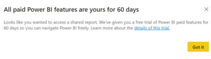 Capture d’écran montrant la boîte de dialogue d’un essai gratuit Power BI Pro.