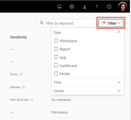 Capture d’écran montrant l’expérience de filtrage étendu qui vous permet de filtrer en fonction du type, de l’heure et du propriétaire.