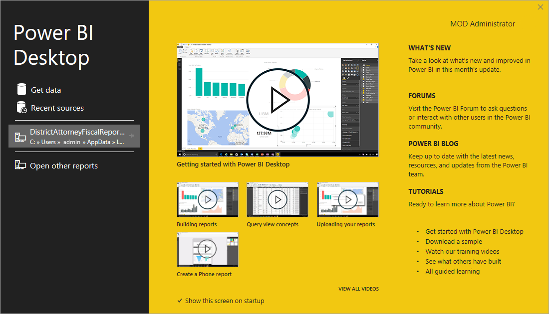 Capture d’écran de l’installation de Power BI Desktop avec l’écran de bienvenue.