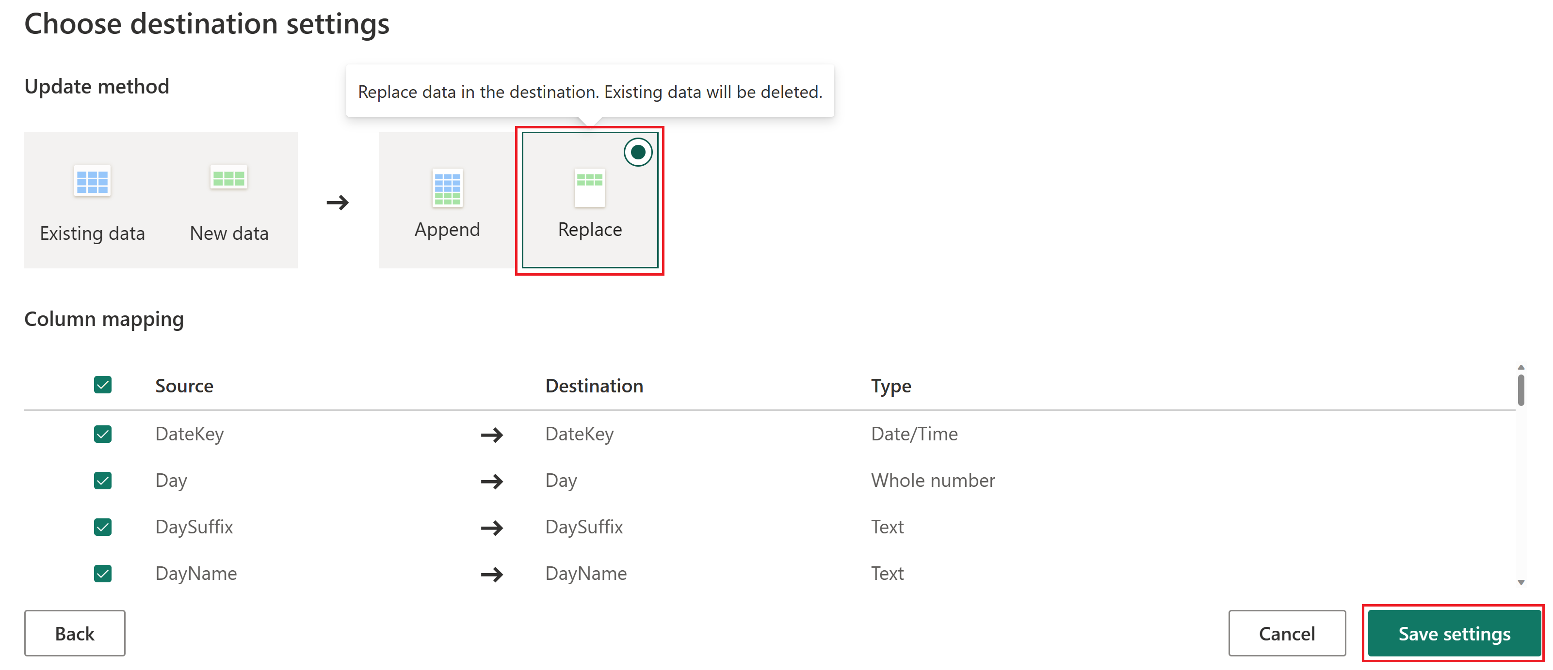 Capture d’écran de l’option de menu des paramètres de destination.