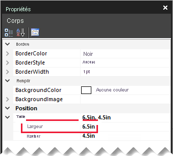 Image shows the Properties pane, highlighting the report body width property.