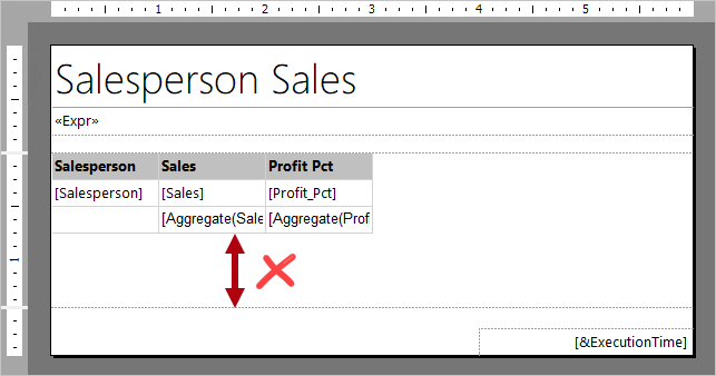 Image shows a report design. The space beneath the tablix data region is highlighted, and marked as unnecessary.