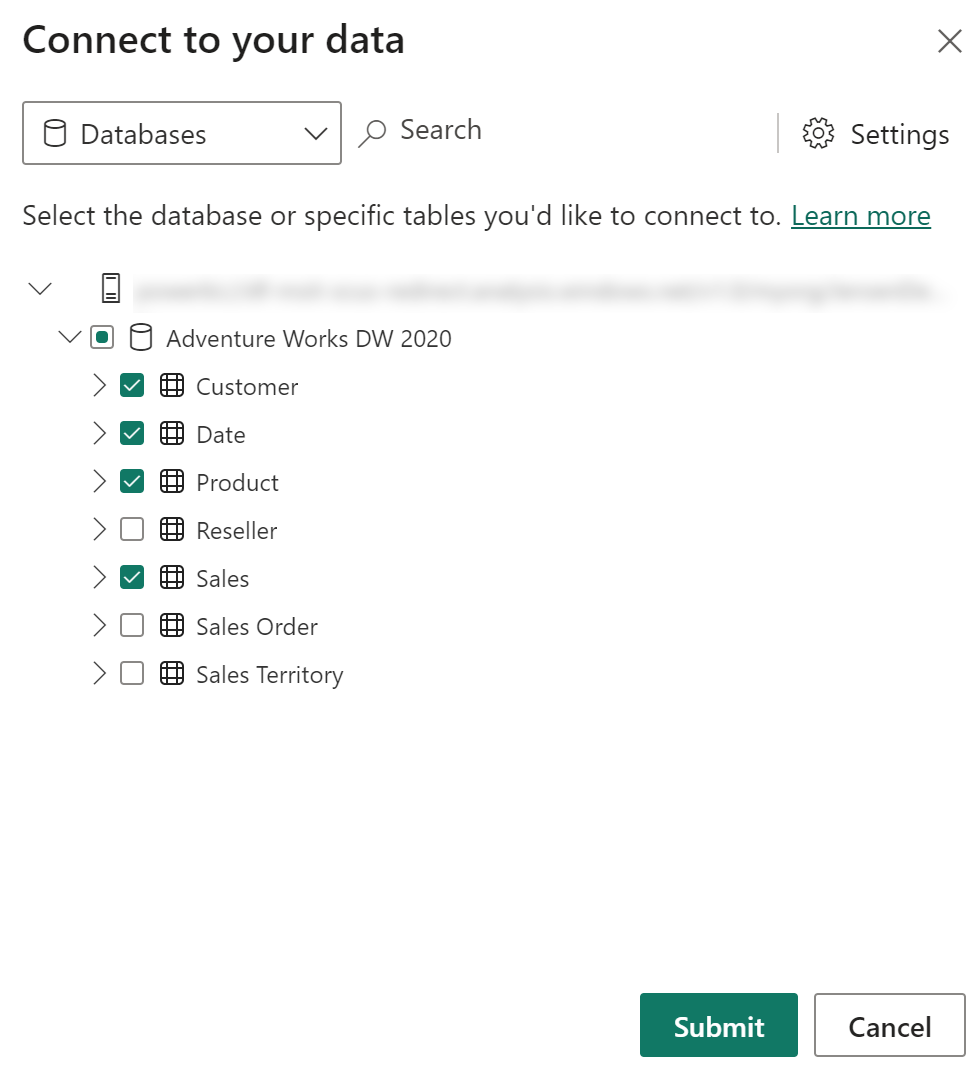 Boîte de dialogue permettant de spécifier les tables à charger à partir d’un modèle sémantique Power BI ou d’un modèle Analysis Services.