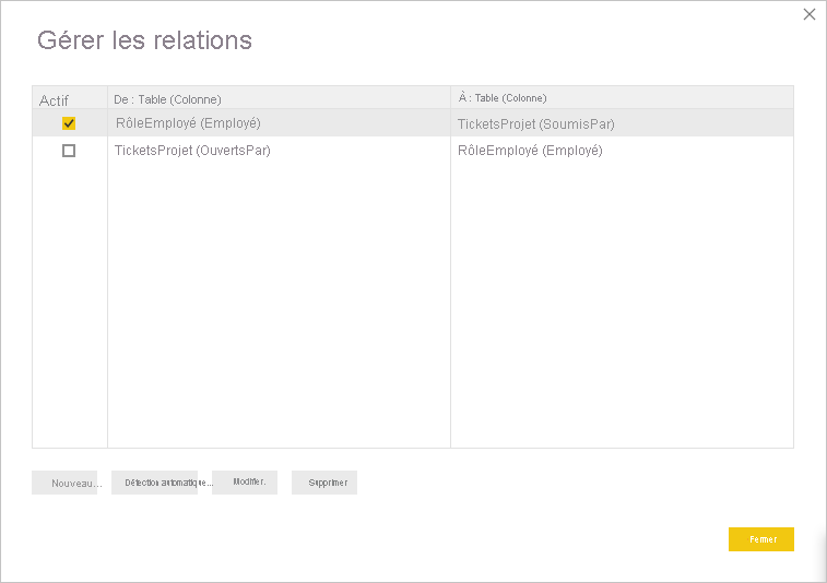 Capture d’écran de la modification de la relation active dans la boîte de dialogue Gérer les relations.