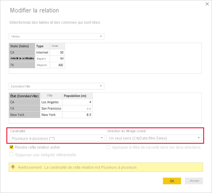 Capture d’écran d’une relation plusieurs à plusieurs dans le volet Modifier la relation.