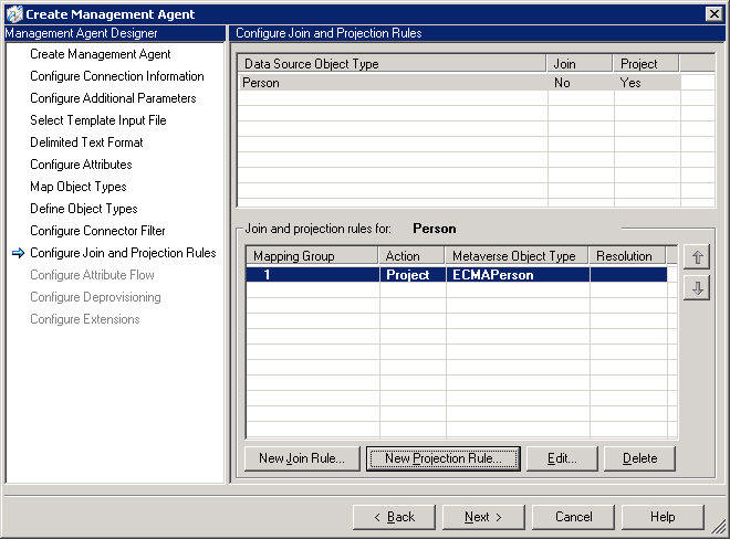 Configure Join and Projection Rules page