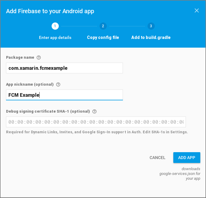 Entrée de l’exemple FCM comme surnom de l’application