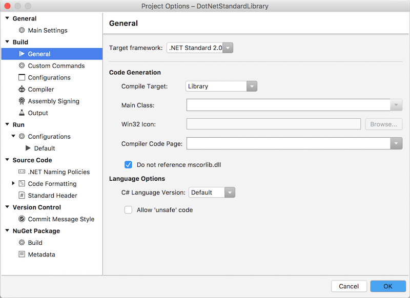 Modifier l’infrastructure cible .NET Standard dans Options de projet