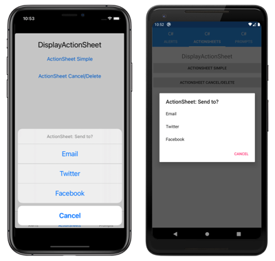 Boîte de dialogue ActionSheet, sur iOS et Android