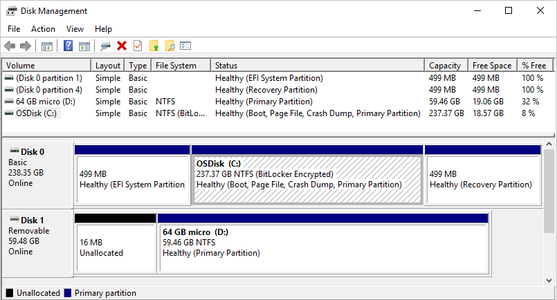 Capture d’écran montrant l’utilitaire Gestion des disques dans Windows, comme décrit dans le texte.