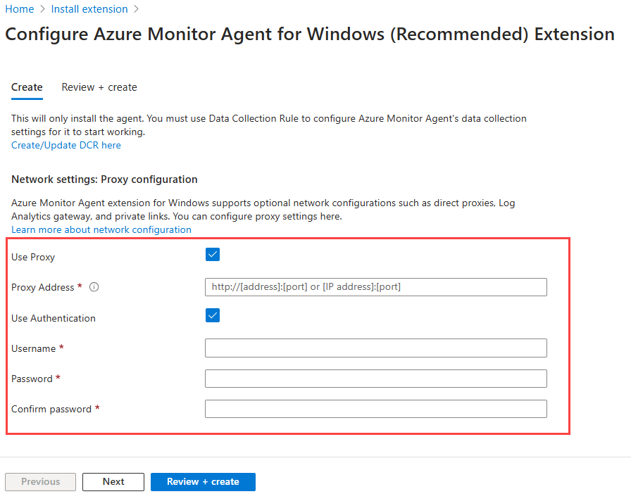 Capture d’écran montrant les champs de configuration de l’extension Agent Azure Monitor.