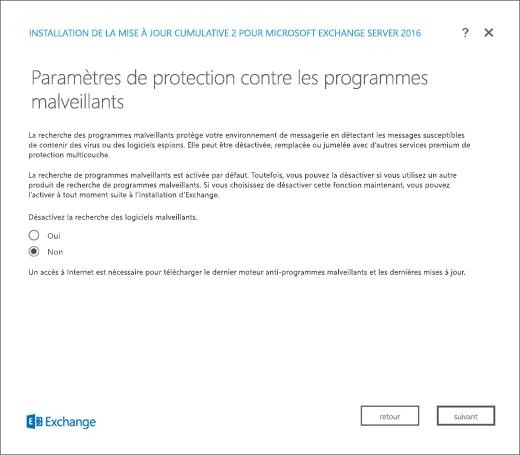Programme d’installation Exchange : Page Paramètres de la protection anti-programmes malveillants.