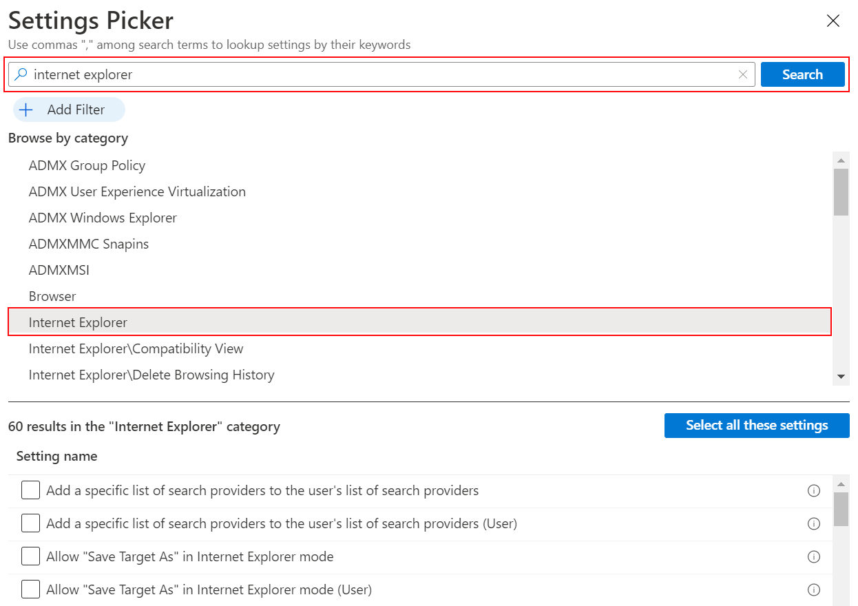 Capture d’écran montrant le catalogue de paramètres lorsque vous recherchez internet Explorer pour afficher tous les paramètres de Explorer Internet dans Microsoft Intune et Intune centre d’administration.