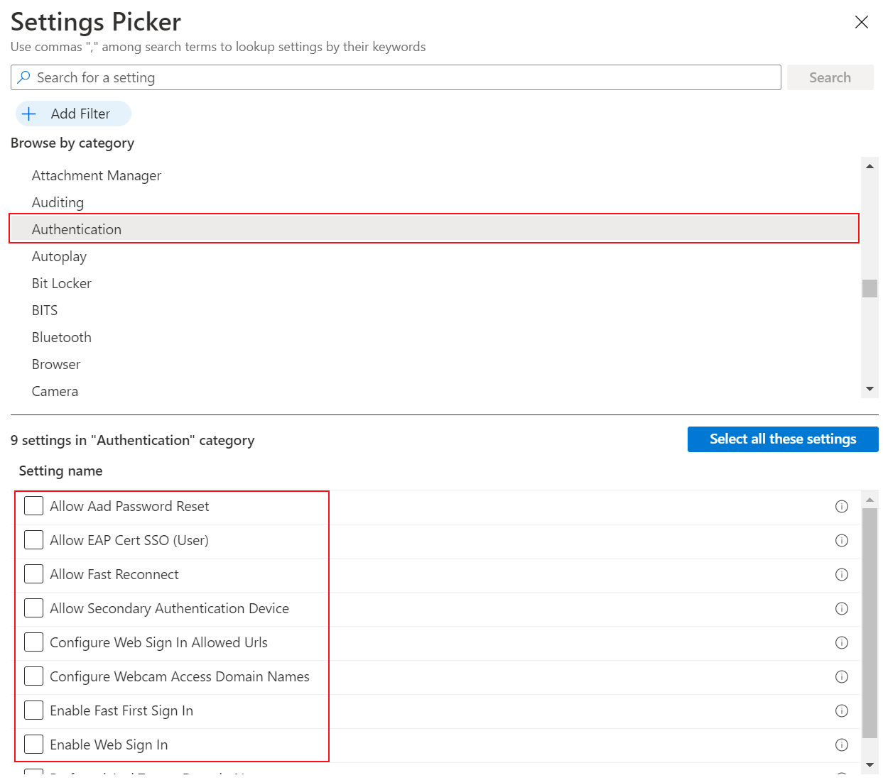 Capture d’écran montrant le catalogue de paramètres lorsque vous sélectionnez Windows et Authentification dans Microsoft Intune et Intune centre d’administration.