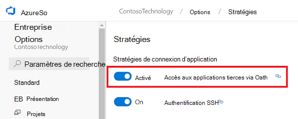 Capture d’écran montrant l’accès aux applications tierces via OAuth.