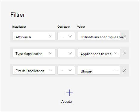 Capture d’écran montrant comment filtrer des applications en combinant différents critères tels que la disponibilité des applications, le type d’application et l’état de l’application.