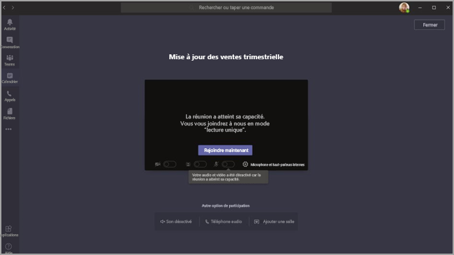 L’écran de participation préalable de Teams et le message aux participants les informant de leur participation en mode lecture seule