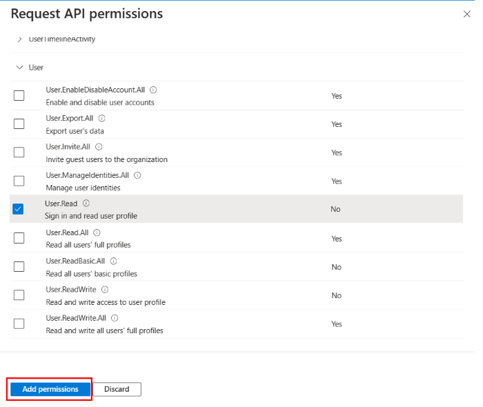 Capture d’écran montrant l’option permettant de sélectionner des autorisations.