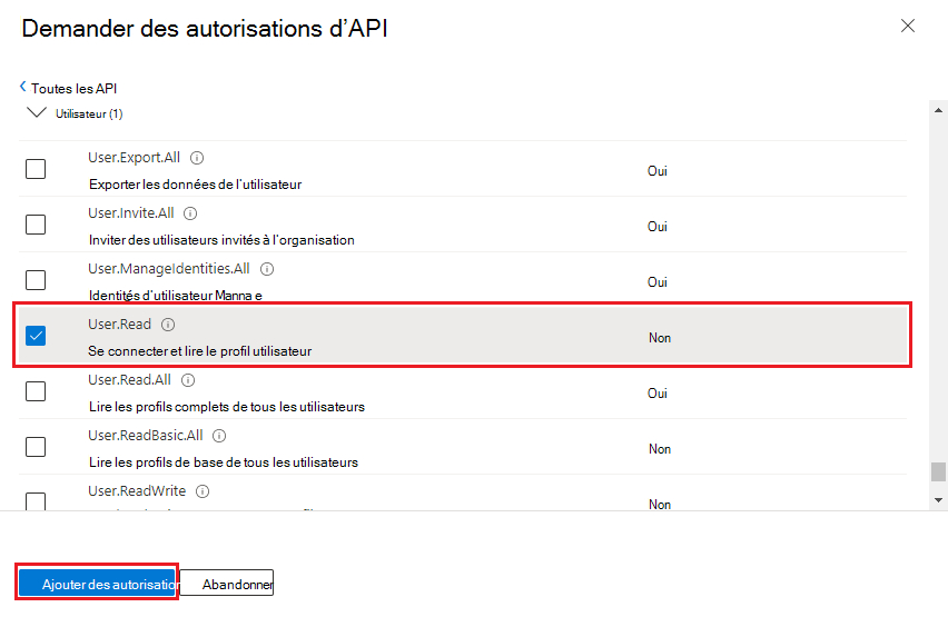 La capture d’écran montre l’option Ajouter des autorisations.