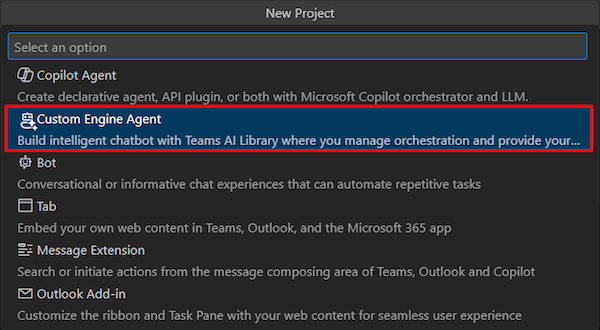 Capture d’écran montrant l’option d’agent de moteur personnalisé dans Visual Studio Code.