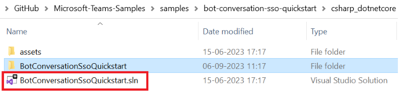 Capture d’écran du fichier projet avec le chemin du fichier et le fichier BotSSOCSharp.csproj mis en évidence en rouge.