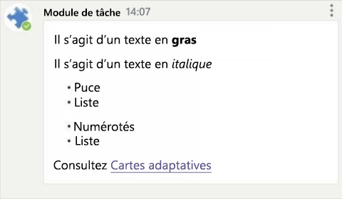 Capture d’écran montrant un exemple de mise en forme Markdown de carte adaptative dans la plateforme Android Teams.