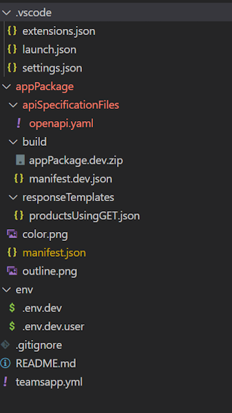 Capture d’écran montrant l’exemple de dossier de bot Teams Toolkit Structure.