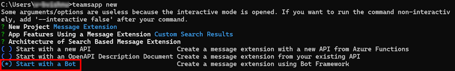 Capture d’écran montrant l’extension de message, les résultats de recherche personnalisés et le démarrage avec une option de bot sélectionnée dans la fenêtre CLI.