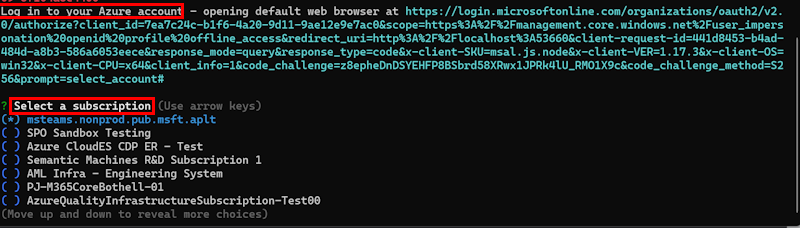 Capture d’écran montrant la connexion à Azure et sélectionner une option d’abonnement dans la fenêtre CLI.