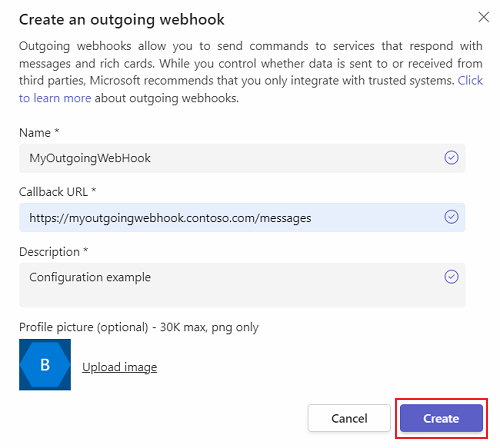 Capture d’écran montrant le bouton Créer dans la fenêtre Créer un webhook sortant.