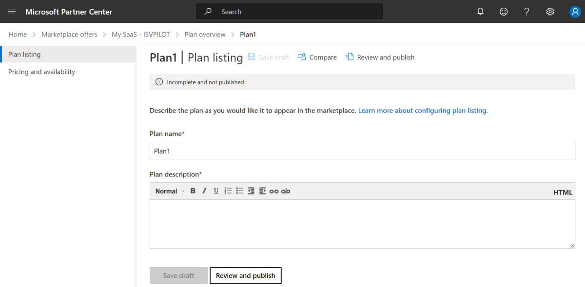 Les captures d’écran montrant la page du plan pour ajouter le nom du plan et la description du plan pour votre application.