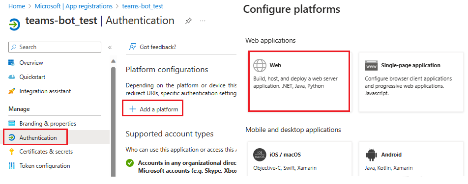 Capture d’écran montrant la sélection de l’authentification web.