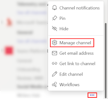 Capture d’écran montrant l’option Gérer le canal sous Plus d’options pour Teams 2.1.