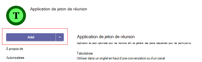 Capture d’écran de l’application de jeton de réunion avec l’option Ajouter mise en évidence en rouge.