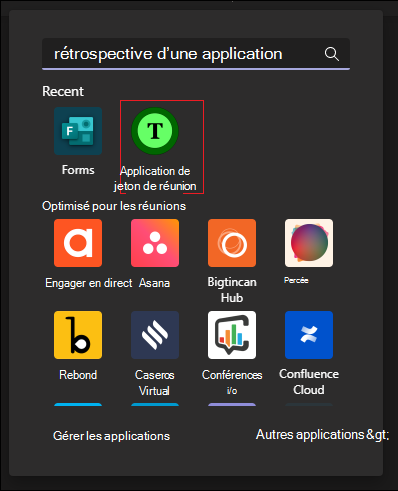 Capture d’écran de La recherche d’une application avec l’application de jeton de réunion mise en évidence en rouge. 
