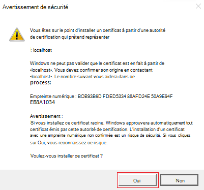 Capture d’écran de l’avertissement de sécurité avec l’option Oui mise en évidence en rouge.