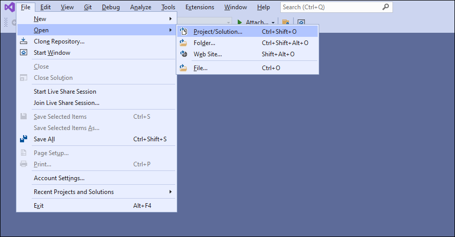 Capture d’écran de Visual Studio avec les options Fichier, Ouvrir et Projet/Solution mises en évidence en rouge.