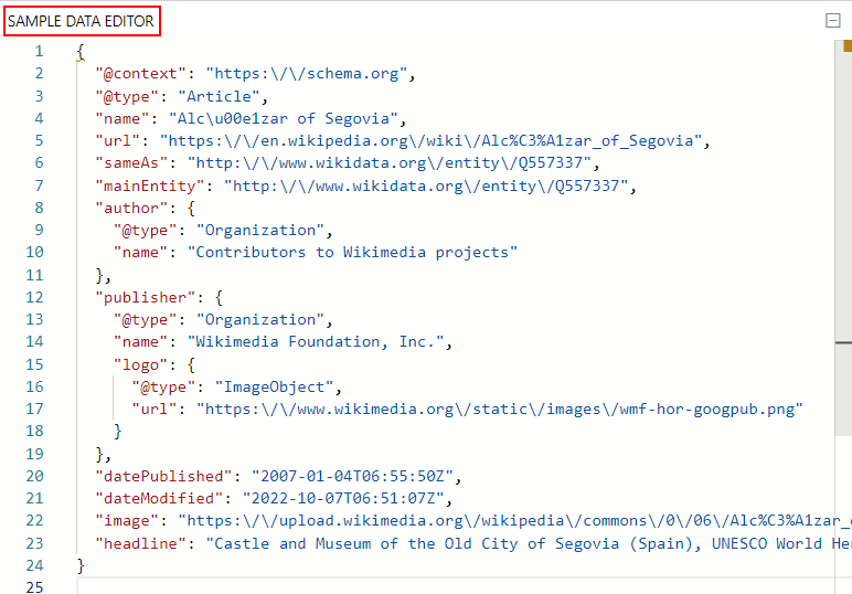 Capture d’écran montrant un exemple de métadonnées de site web dans la section de l’exemple d’éditeur de données du Concepteur de cartes adaptatives.