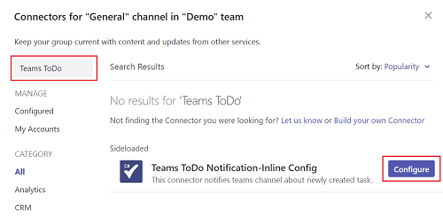 Capture d’écran du canal Connectors for General dans l’équipe de démonstration avec TeamsToDo et Configurer mis en évidence en rouge.