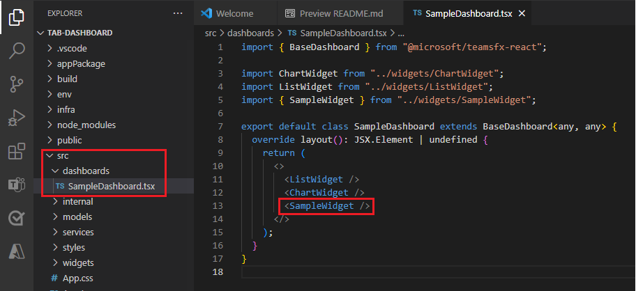 Capture d’écran montrant le fichier sampleDashboard existant dans Visual Studio Code.