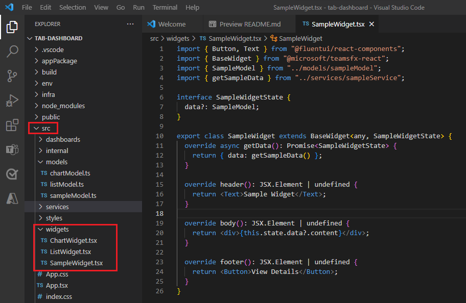 Capture d’écran montrant la création de sampleWidget.tsx sous les widgets dans Visual Studio Code.