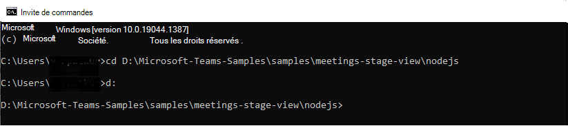 Capture d’écran de l’emplacement du dossier nodejs ouvert dans l’invite de commandes.