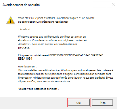 Capture d’écran de l’avertissement de sécurité avec l’option Oui mise en évidence en rouge.