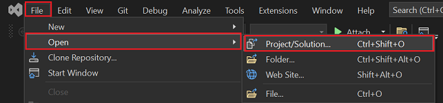 Capture d’écran de Visual Studio montrant l’option Projet/Solution.