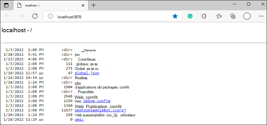 Capture d’écran montrant le localhost :3978 en cours d’exécution dans le navigateur.