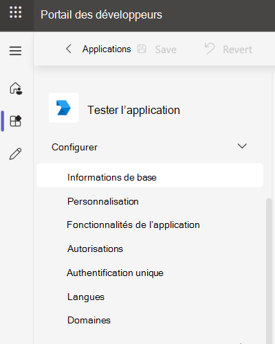 La capture d’écran est un exemple qui montre comment configurer des fonctionnalités pour gérer votre application et y accéder dans le Portail des développeurs.