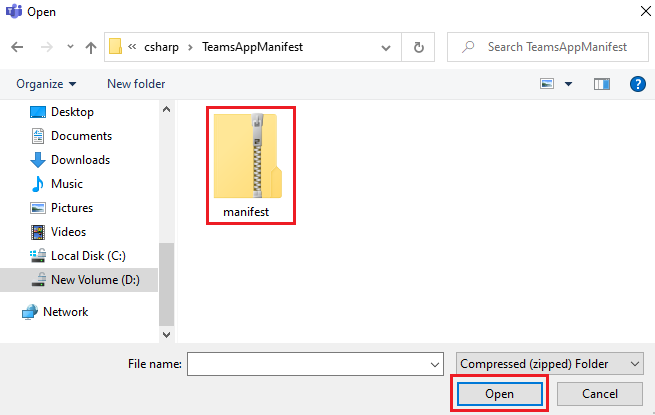 Capture d’écran montrant l’option de chargement du fichier zip du manifeste dans Teams.