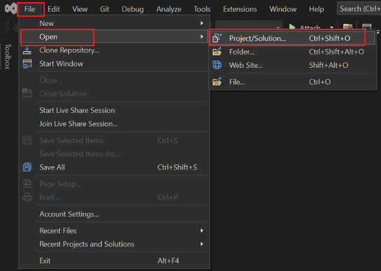 Capture d’écran montrant l’option Projet/Solution dans Visual Studio.