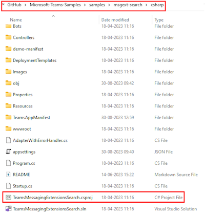Capture d’écran du dépôt cloné avec TeamsMessagingExtensionsSearch.csproj mis en évidence en rouge.